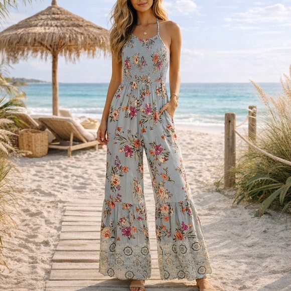 Angie Pants - Floral Jumpsuit in Blue and Pink